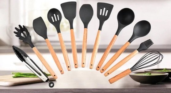 Kit Set X12 Utensilios Cocina Espatula Madera Silicona Calor